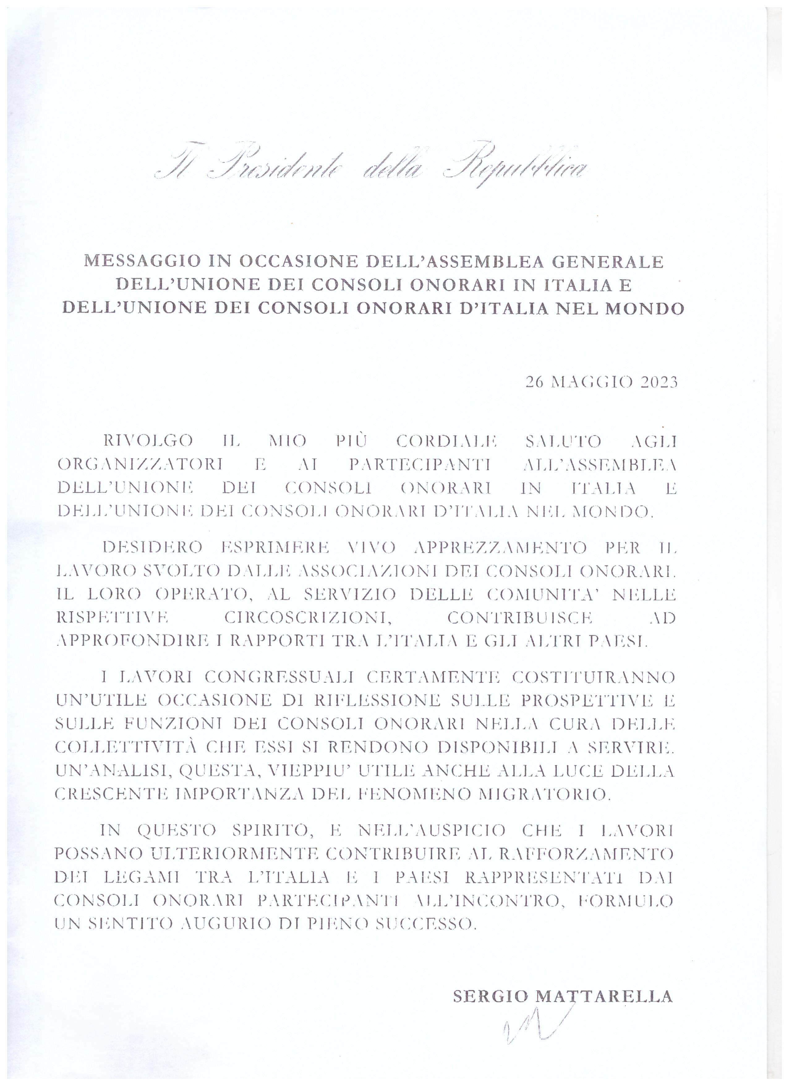 Il messaggio del Presidente Mattarella